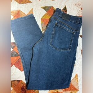 Origins blue denim jeans with brown stitching